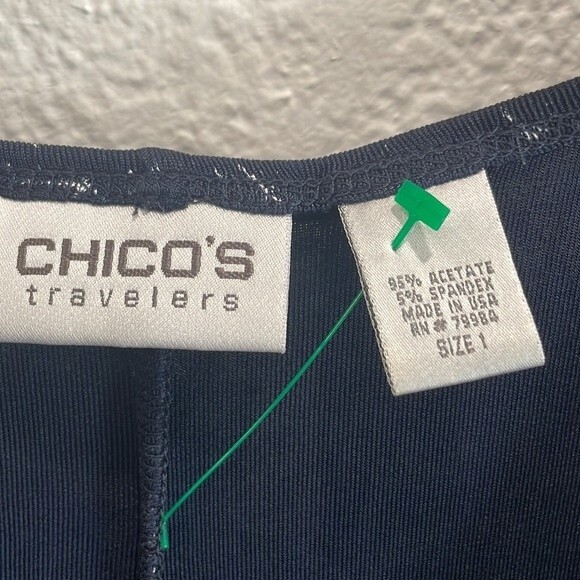 Chico's Travelers Navy Blue Palm Tree Print Stretchy Fit & Flare Dress Medium - Picture 3 of 6